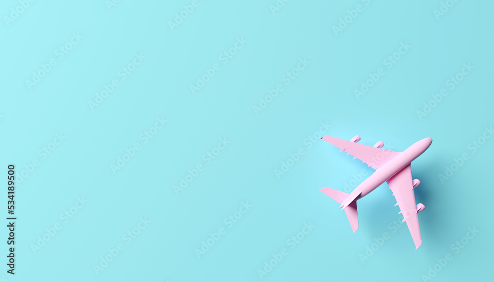 pink airplane or flight on blue background. 3d illustration