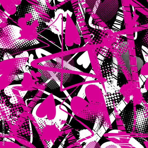 Abstract seamless chaotic pattern with urban elements, graffiti. Grunge texture background. Wallpaper cool teen style