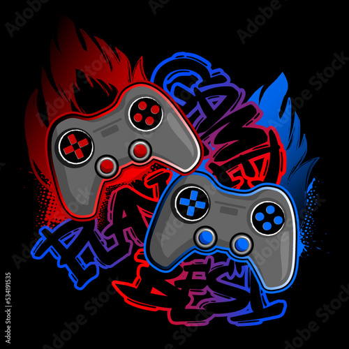Illustration print for t-shirt with colorful  joystick game on fire and graffiti words. Background for boys.