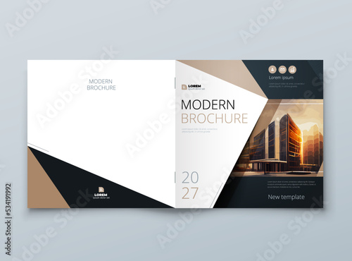 Square Brochure template layout design. Corporate business annual report, catalog, magazine mockup. Layout with modern beige elements and photo. Creative poster, booklet, flyer or banner concept