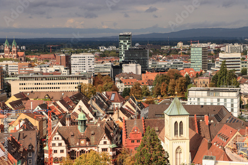 Freiburg im Breisgau; Teilansicht vom Münsterturm, Blick über den Rathausplatz nach Westen photo