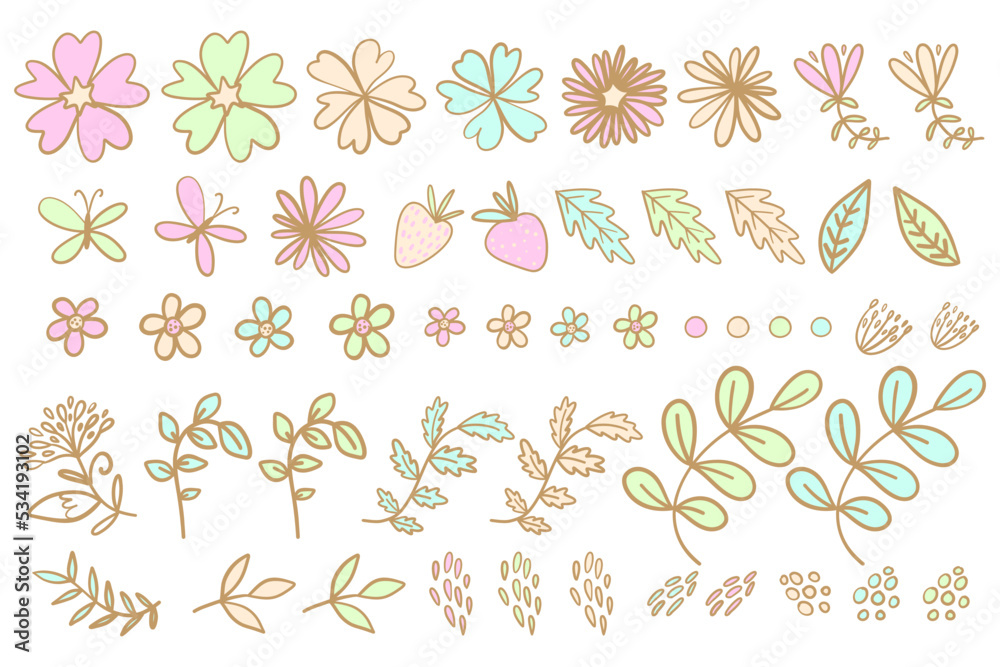 Set of hand drawn outlined floral elements for pattern, banner, card or print material design.