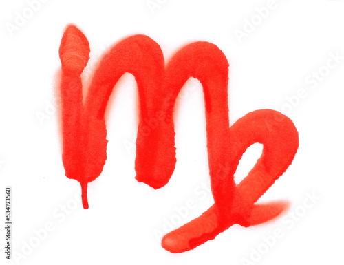 Zodiac sign, Virgo, red spray stain isolated on white 