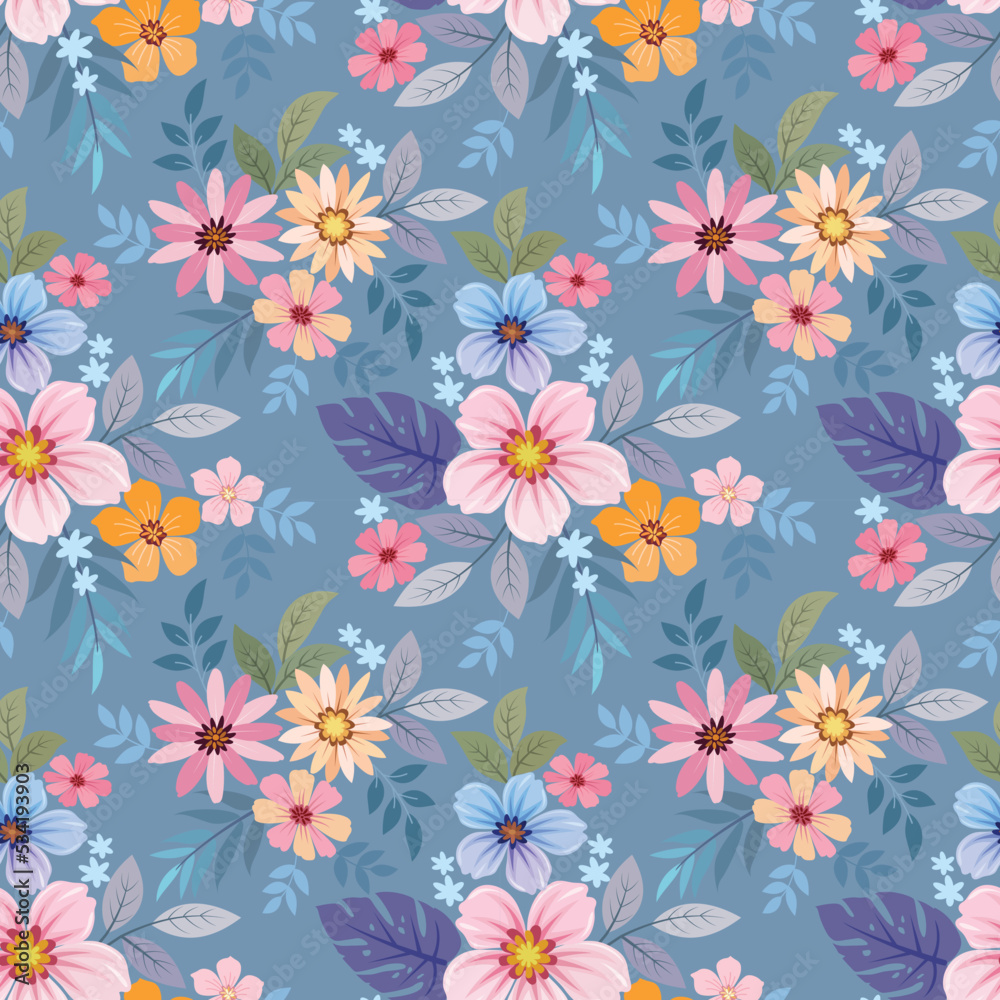 Blooming coloful flowers seamless pattern. Can be used for fabric textile wallpaper.
