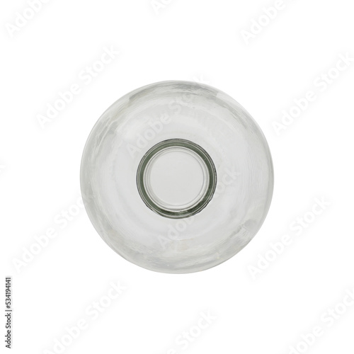 The bottle is made of transparent colorless glass, open. Isolated on a white background, close-up. Top view