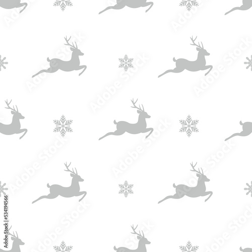 seamless winter pattern with silver grey snowflakes and deers with antlers. vector flat Christmas ornament on white background. winter reindeer texture.