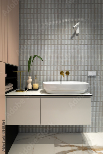 Minimalist and creative interior of  bathroom with washbasin  cupboard  grey walls   leaf in vase and beautiful bathroom accessories. Minimalistic home decor concept. Template. 