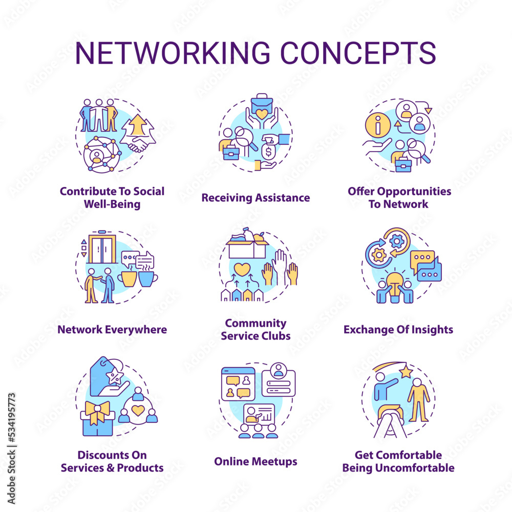 Networking concept icons set. Build professional connections. Expand business contacts idea thin line color illustrations. Isolated symbols. Editable stroke. Roboto-Medium, Myriad Pro-Bold fonts used Networking concept icons set. Build professional connections. Expand business contacts idea thin line color illustrations. Isolated symbols. Editable stroke. Roboto-Medium, Myriad Pro-Bold fonts used