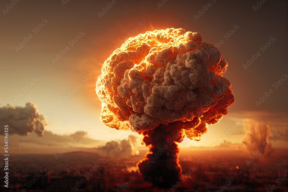 An explosion in a town's skyline making a nuclear fire mushroom cloud ...
