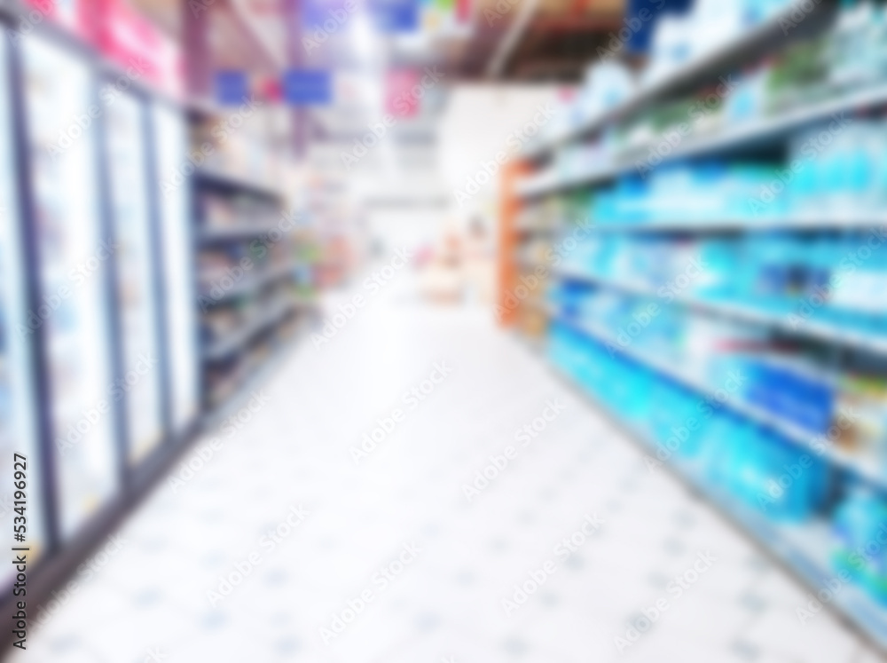 Abstract blur image of supermarket background. Defocused shelves with CPG products, food. Grocery shopping. Store. Retail industry. Rack. Discount. Inflation. Economic crisis concept. Aisle. Recession