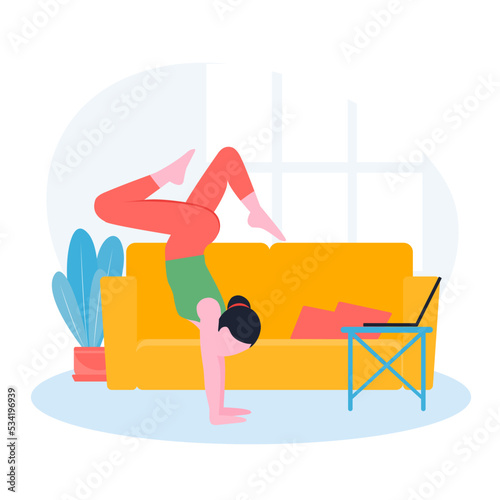 Vector illustration Woman practicing Garbha Pindasana asana or fetal position in the womb. Girl doing yoga exercises at home