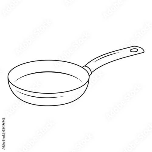 Black insulated frying pan with handle, black contour in doodle style, vector illustration.