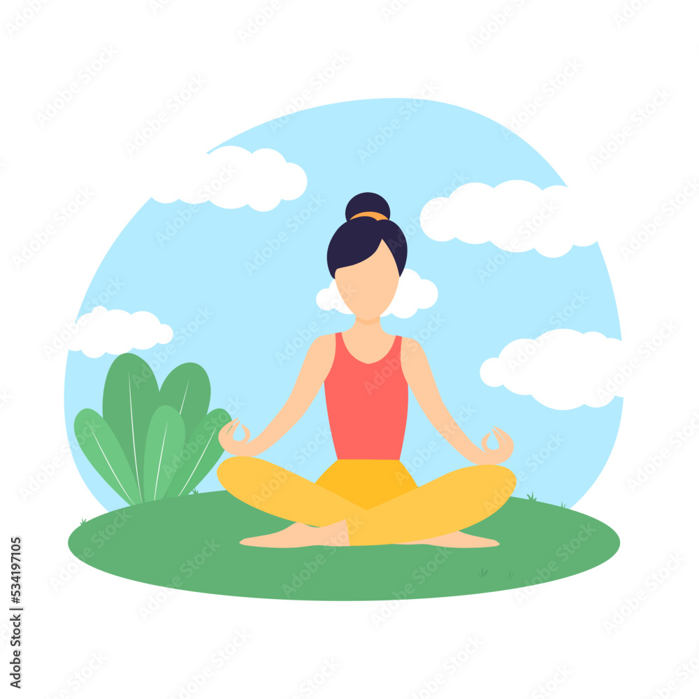 Yoga Fitness Concept. Silhouette of woman doing asana for International Yoga Day Lotos. Nature. Vector