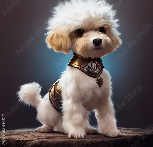 Adorable tiny Maltipoo puppy as cartoon adventurer
