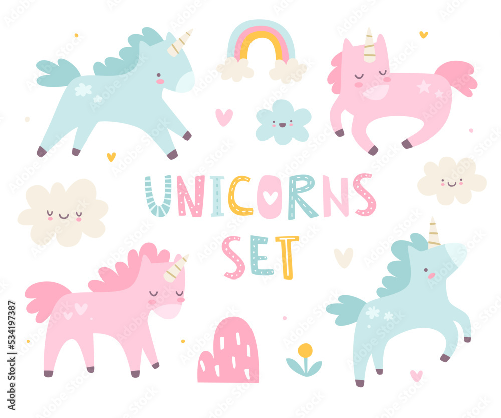 Unicorn set. Cute scandinavian unicorns vector collection. Girly kawaii prints.