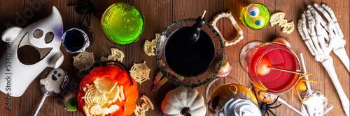 Sticker Halloween party bar festive drink, set various colorful alcohol, non-alcohol coc