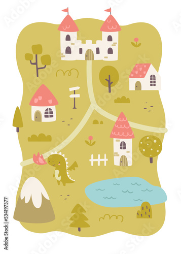 Fairytale village cute map with castle and dragon. Medieval cartoon map print for baby girls carpet.