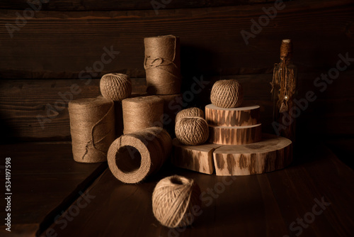 Jute threads materials for crocheting on dark background