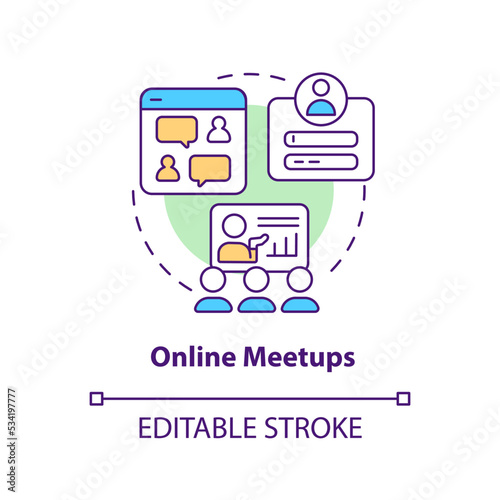 Online meetups concept icon. Video conferencing. Private networking groups abstract idea thin line illustration. Isolated outline drawing. Editable stroke. Arial, Myriad Pro-Bold fonts used