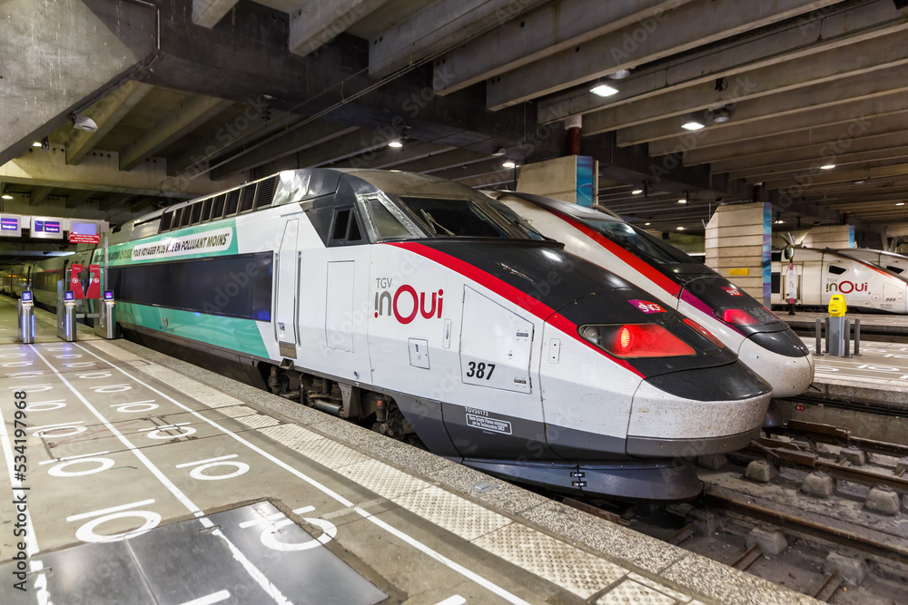 TGV high-speed trains of SNCF at Gare Paris Montparnasse railway ...
