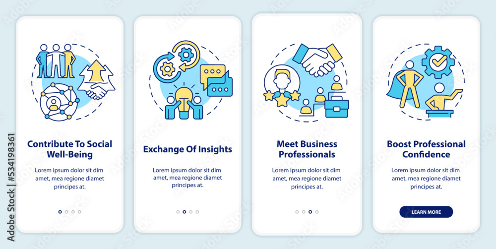 Networking to career growth onboarding mobile app screen. Walkthrough 4 steps editable graphic instructions with linear concepts. UI, UX, GUI template. Myriad Pro-Bold, Regular fonts used