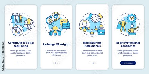 Networking to career growth onboarding mobile app screen. Walkthrough 4 steps editable graphic instructions with linear concepts. UI, UX, GUI template. Myriad Pro-Bold, Regular fonts used