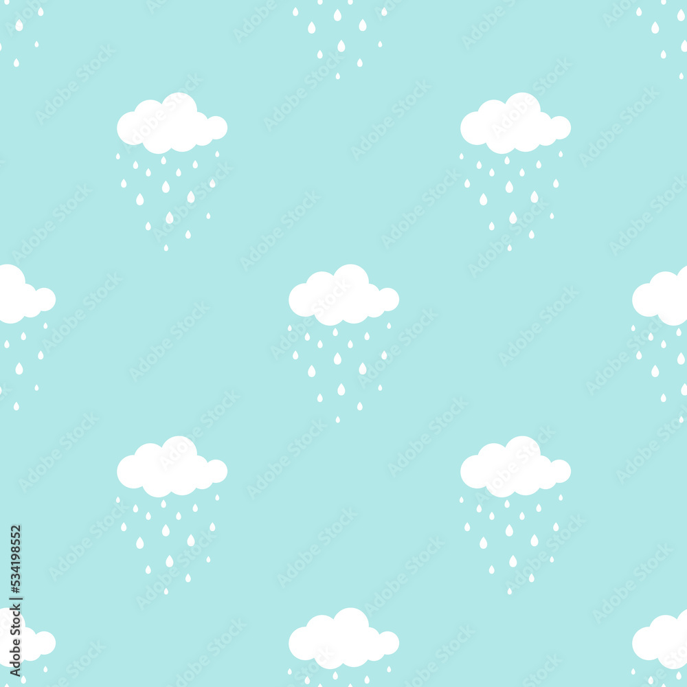 Seamless background with white clouds and raindrops on blue sky. Overcast pattern. Vector illustration. Cartoon rain weather wallpaper. Rainy day