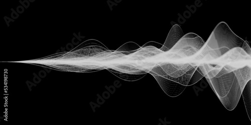 Illustration of abstract wireframe sound waves, visualization of frequency signals or audio wavelengths, conceptual futuristic technology waveform background wallpaper with copy space for text © MikeCS images