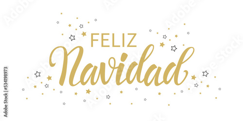 Feliz Navidad - Merry Christmas in Spanish text for card for your design. Golden text on a white background Vector illustration.