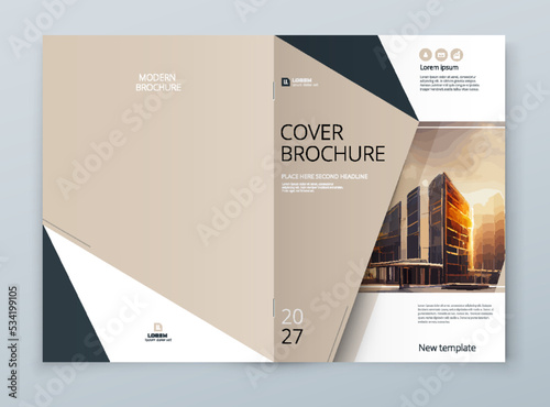 Brochure template layout design. Corporate business annual report, catalog, magazine mockup. Layout with modern beige elements and urban style photo. Creative poster, booklet, flyer or banner concept