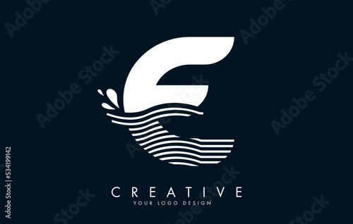 White E Letter Logo with Waves and Water Drops Design.