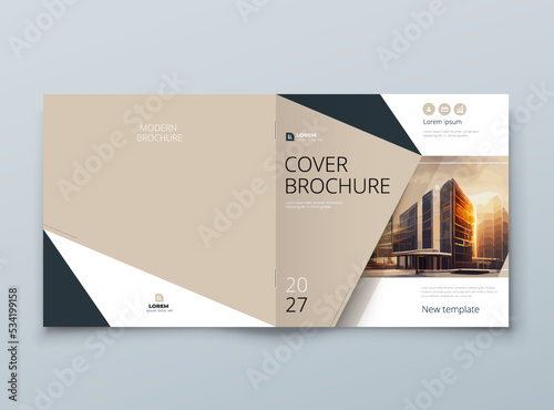 Square Brochure template layout design. Corporate business annual report, catalog, magazine mockup. Layout with modern beige elements and photo. Creative poster, booklet, flyer or banner concept