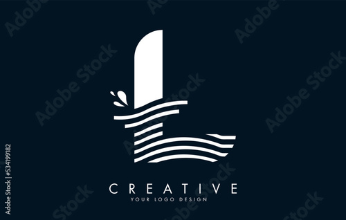 White L Letter Logo with Waves and Water Drops Design.