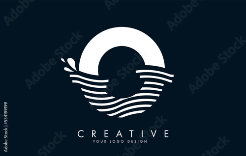 White O Letter Logo with Waves and Water Drops Design.