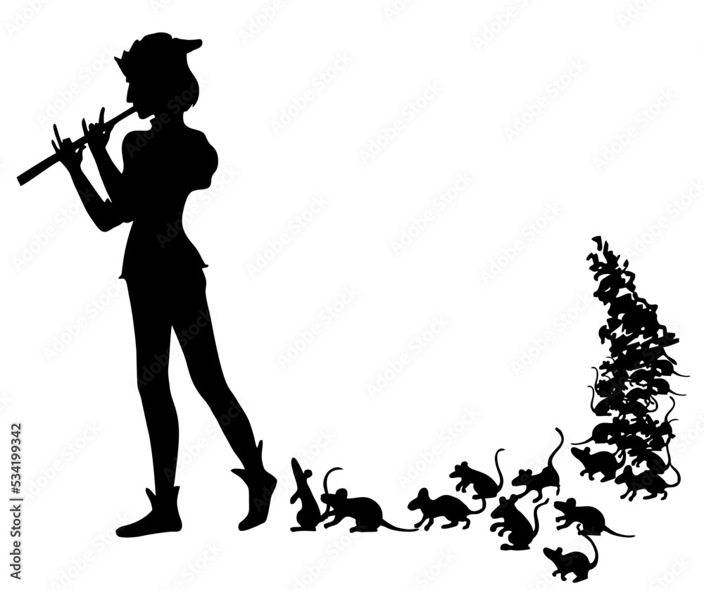 Pied Piper of Hamelin. Vector Illustration. Silhouette. White Background Isolated. A man plays a pipe and takes the rats out of town. Legend of the Hamelin Pied Piper. An ink drawing. - obrazy, fototapety, plakaty 