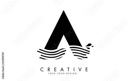 Black A Letter Logo with Waves and Water Drops Design.