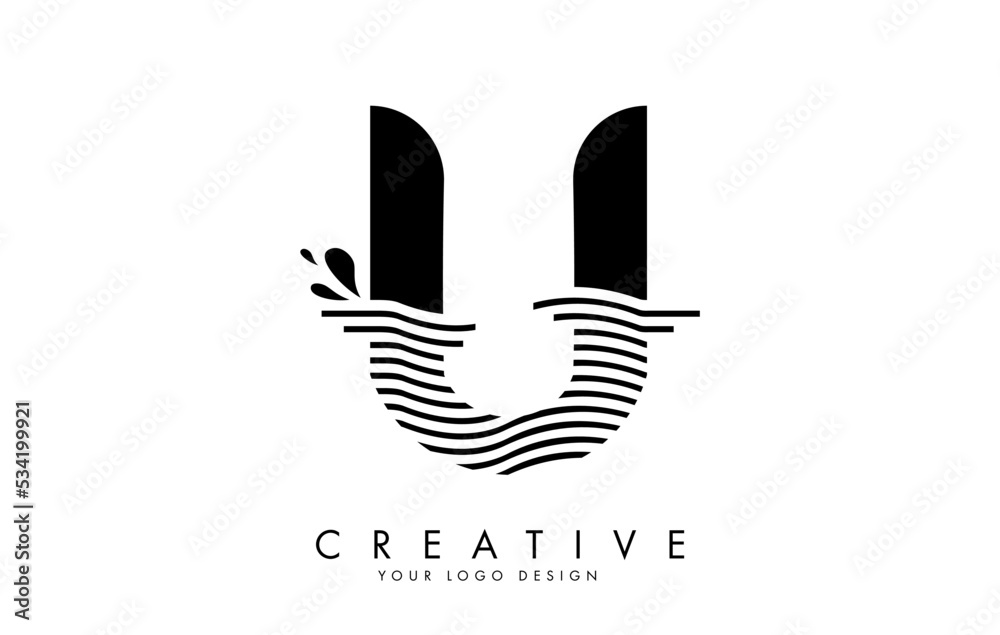 Black U Letter Logo with Waves and Water Drops Design.