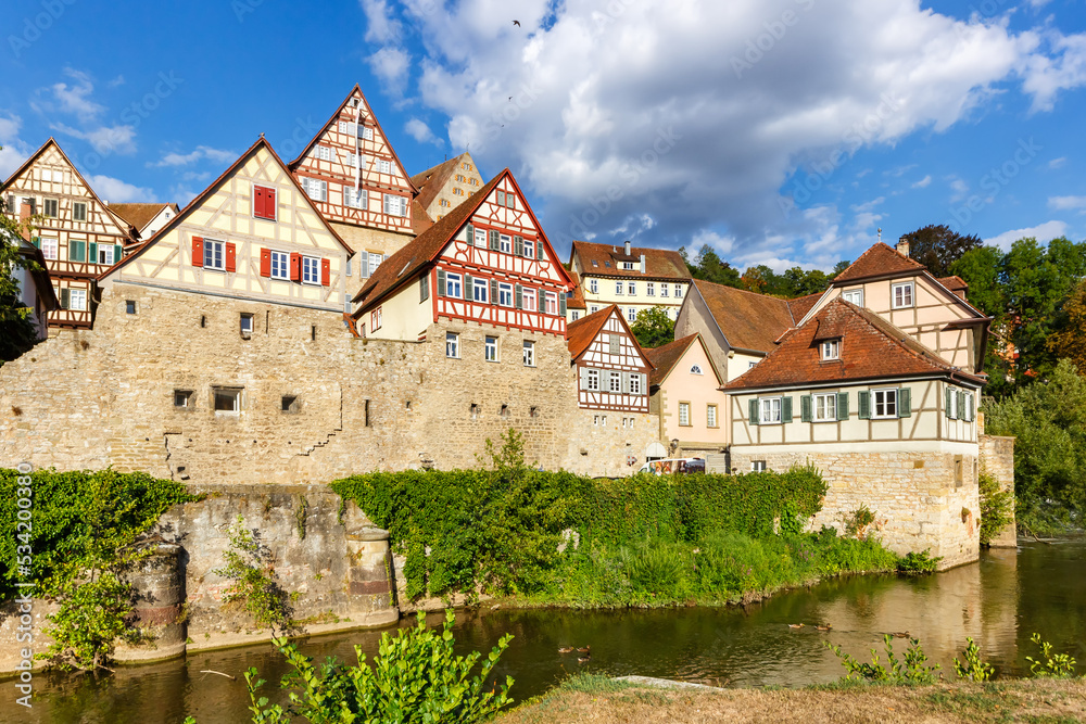 Schwäbisch Hall half-timbered houses from the middle ages town at river Kocher in Germany