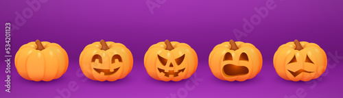 Realistic orange pumpkins. Pumpkin carved faces with eyes and mouth. Funny and scary halloween characters