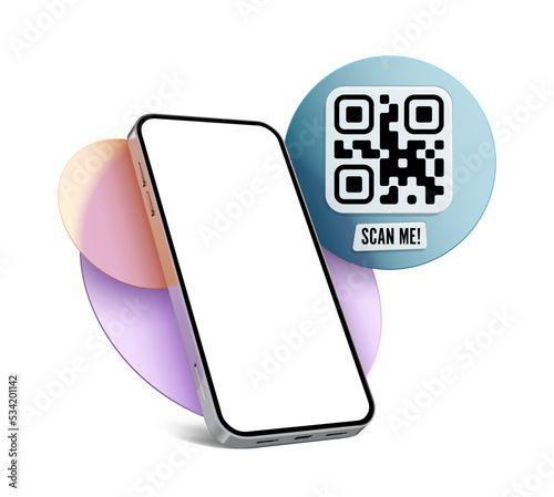 Qr Code SCAN ME template with a smartphone for application screenshot presentation with transparent frozen glass circles - Glassmorphism style