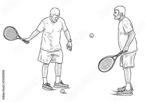 Hand drawing of two elderly men playing tennis