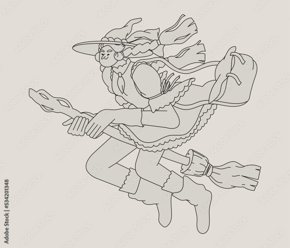 Outline vector illustration of a witch on a broomstick flying. Creative character for print, poster greeting card or colouring book. Happy halloween. Outline vector illustration of a witch on a broomstick flying. Creative character for print, poster greeting card or colouring book. Happy halloween.