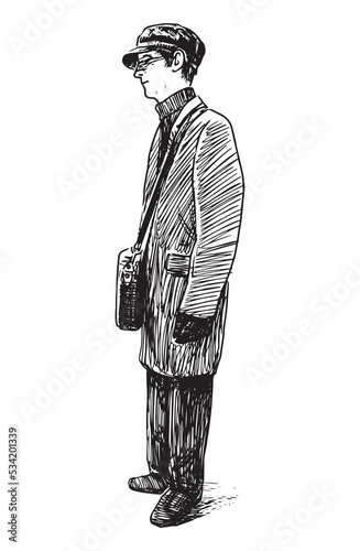 Sketch of casual townsman in hat with bag standing outdoors