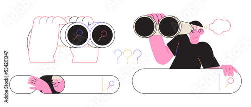 Curious man looking through binoculars. Business metaphore for search or research, development, web surfing. Trendy outline vector characters for web or ui design. Search character set.