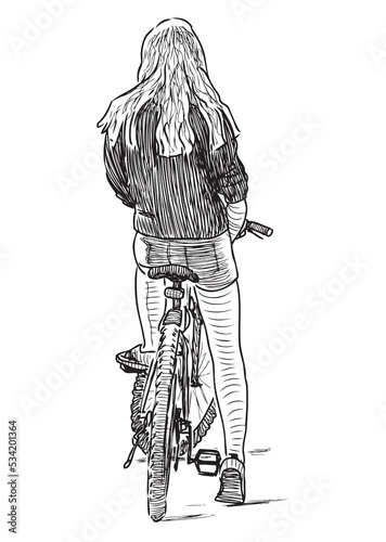 Sketch of city girl on bicycle stopped for resting