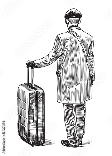 Sketch of man with suitcase standing in wait