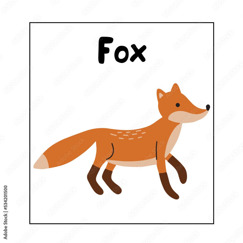Obraz premium Learning cards for kids. Animals. Fox. Educational worksheets for kids. Preschool activity
