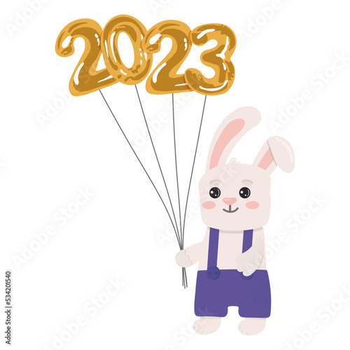 Illustration of cute rabbit with golden balloons 2023 isolated on white background. Illustration for posters, greeting cards and seasonal design.