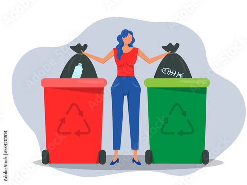 woman sort waste for recycling Put plastic bottle and throwing them into special trash bin Ecology concept. recycling concept.Flat vector illustration
