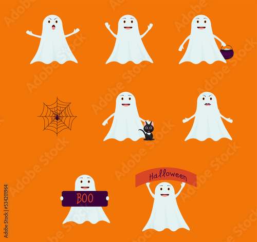 Set of different ghosts for Halloween. Vector illustration. Scary spirits with different emotions and expressions on their faces.